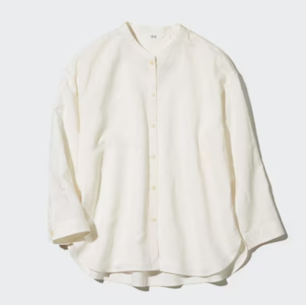 Uniqlo Off-White Linen-Blend Button-Down 3/4 Sleeve Top